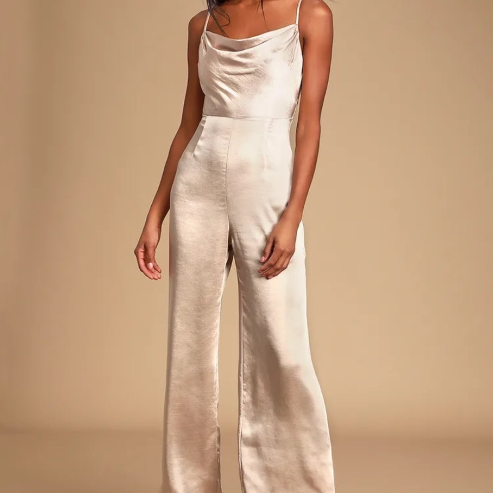 Lulus: Champagne Perfect Night Champagne Satin Cowl Neck Culotte Jumpsuit